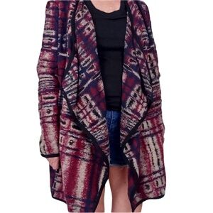 Lucky Brand Ultra Soft Black/Burgundy/Ivory Southwest Print Open Front Cardigan